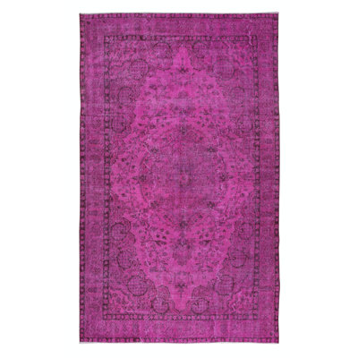 Tapis rose en laine turque fait à la main 5,6 x 9 pi avec tapis à poils courts moderne