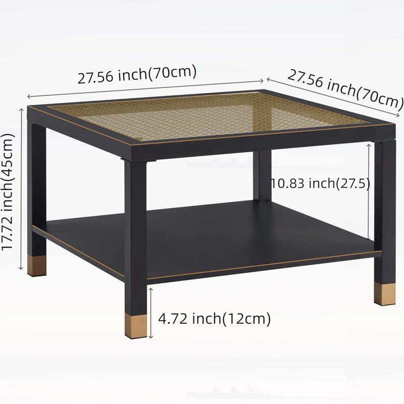 Table basse industrielle carrée avec structure en acier noir mat et plateau en verre doré pour les espaces de vie modernes