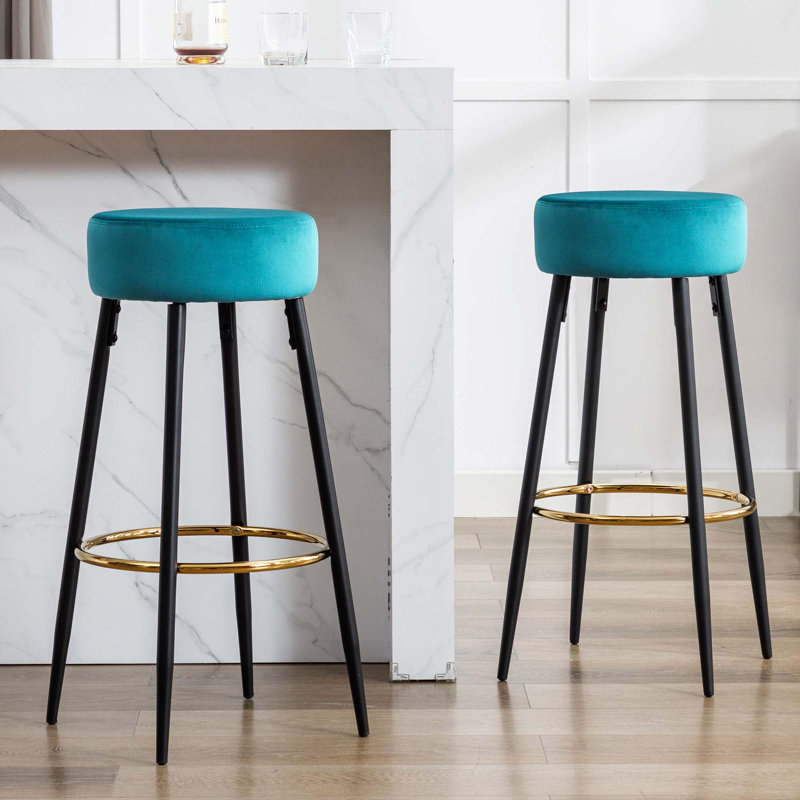 Modern Velvet Bar Stool with Gold Footrest and Black Metal Legs, Counter Height Kitchen Stool, Atrovirens