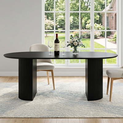 Modern Double Pedestal Oval Wood Dining Table 79" Kitchen Table With Solid Wood Base For Seats 8