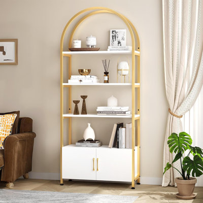 Arched Bookshelf, Vintage Bookcase Display Racks Tall Standing Bookshelves, 4 Tier Book Shelf Board and Studry Metal Frame, Accent Bookshelf for Living Room