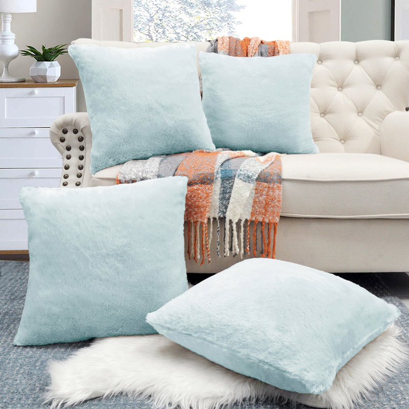 Housse de coussin réversible en fausse fourrure, Bleu spa