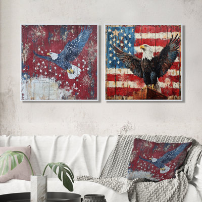 Patriotisme, aigle et drapeau des États-Unis, paysage II - décoration murale animal d'aigle - art mural moderne 2 pièces