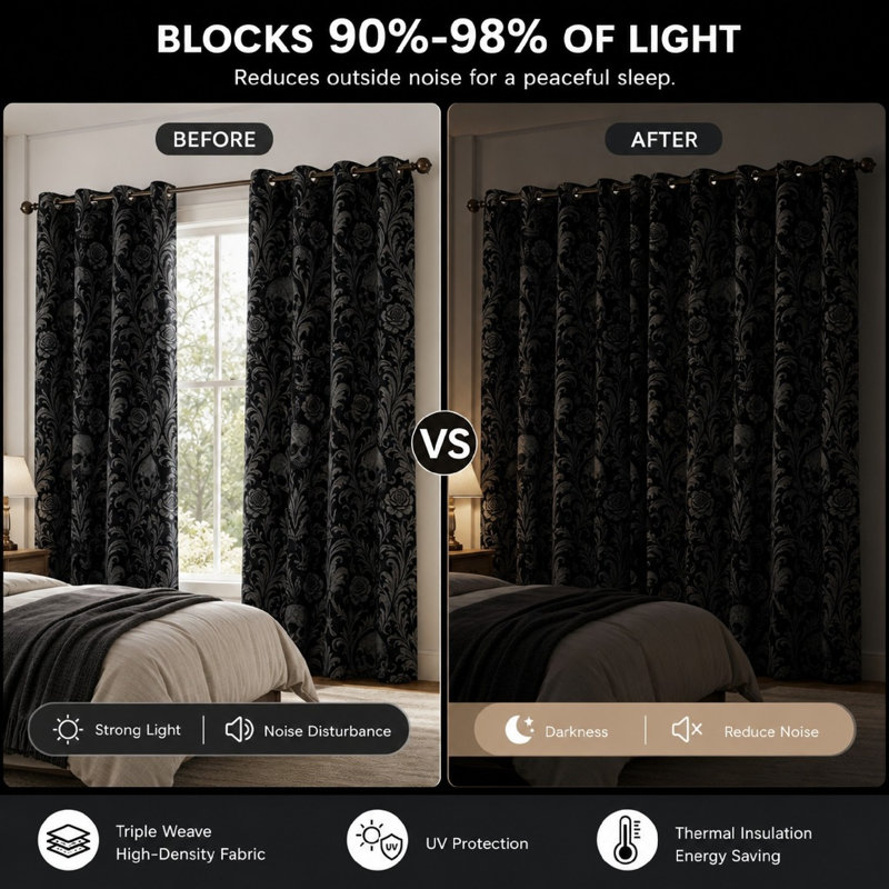 2 pièces crâne de damas bloquant les rideaux de style gothique pour chambre à coucher, 53*96inch*2pcs