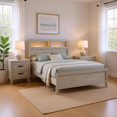 Ensemble de chambre pour grand lit, blanc délavé, bois noir, ensemble de 3 pièces avec 2 tables de chevet