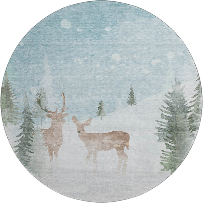 Premium Machine Washable Dockside AMF1821 Stag and Doe Christmas Rug, Round 8'