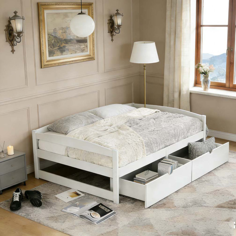 Lit plateforme simple avec deux tiroirs, Blanc / Blanc