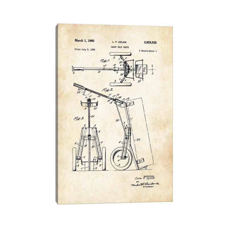 «Golf Caddy Cart» par vern77 - reproduction de dessin sur toile tendue, H 40 po x l 26 po x P 1,5 po