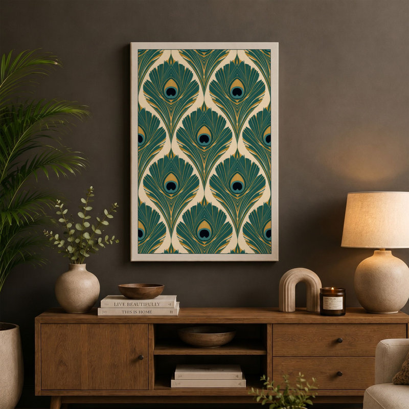 Peacock Feather Tessellation Art Deco - Wrapped Canvas, 36x24 - 91.4 x 61.0 cm, Ochre Border
