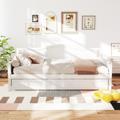 Twin Solid Wood Daybed with Trundle, Modern Trundle Bed Day Bed with Slats Support, No Box Spring Needed (White) by Lark Manor
