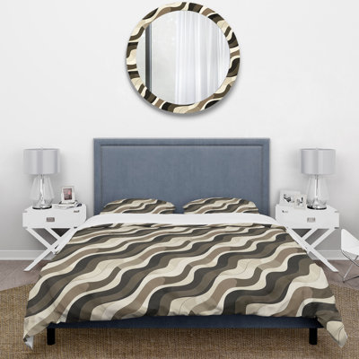 Beige Brown Midcentury Wave Lines II - Midcentury Duvet Cover Set