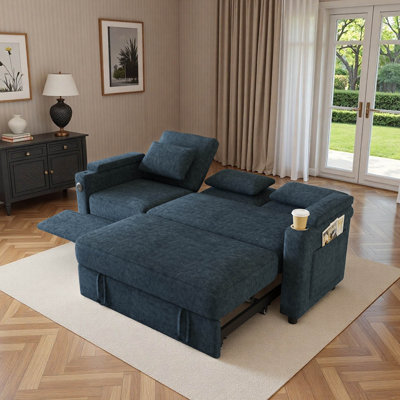 81" Convertible Pull-Out Reclining Sofa Bed with a Recliner, a Table Board, USB Ports and 3 Throw Pillows