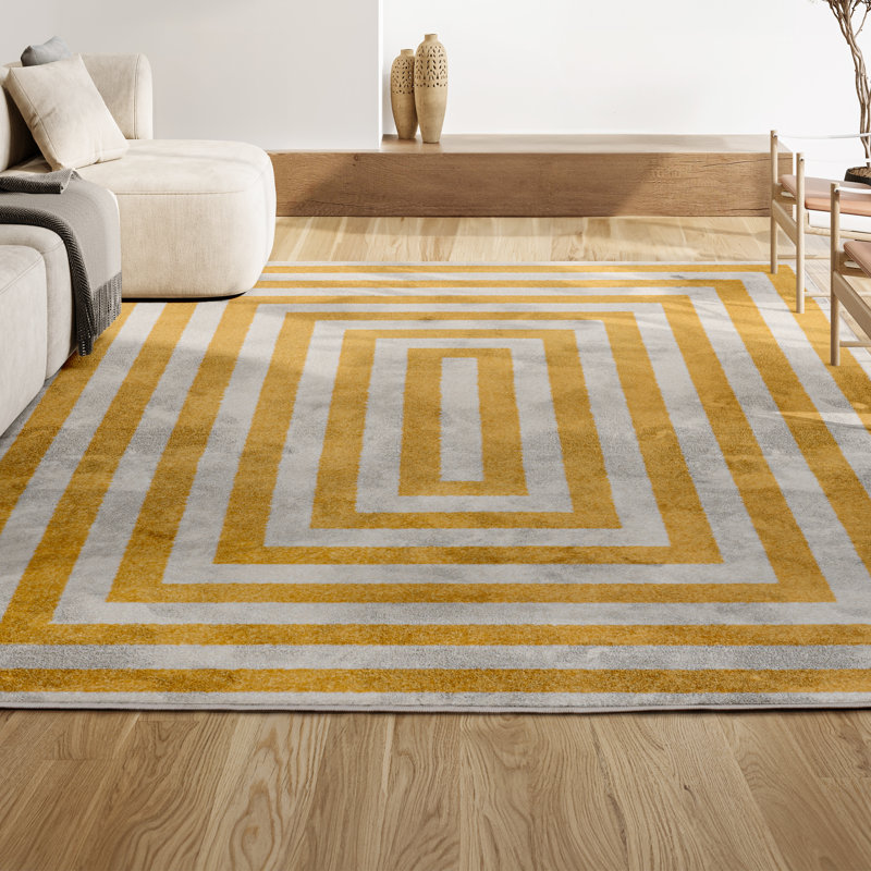 Isibeal Modern Classic Mitre Stripe Yellow/Ivory Rug, Rectangle 4' x 6'