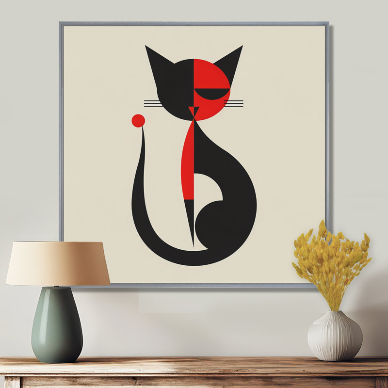 Minimal chat en noir et rouge - impression d'art mural chat, Toile avec cadre noir, H 16 po x l 16 po x P 1 po