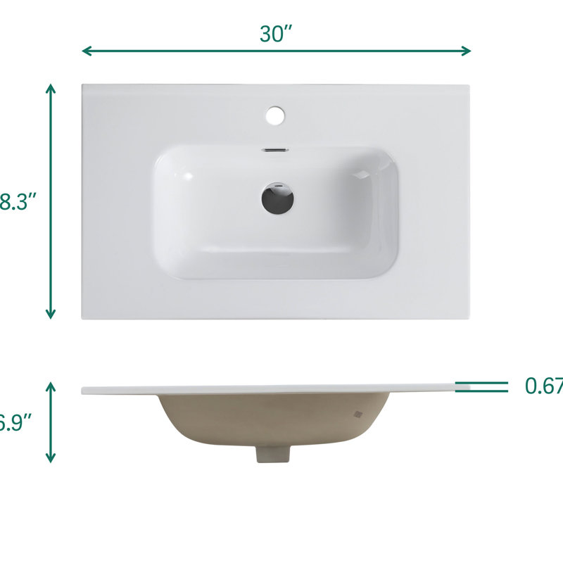 Évier en céramique blanc brillant Bb09-30-311, fabrication de haute qualité, style intégré, méthode de nettoyage rapide, bord arrondi pour, largeur de 17,84 po, profondeur de 30,25 po, hauteur de 6,69 po, poids de 31,29 lb, surface,