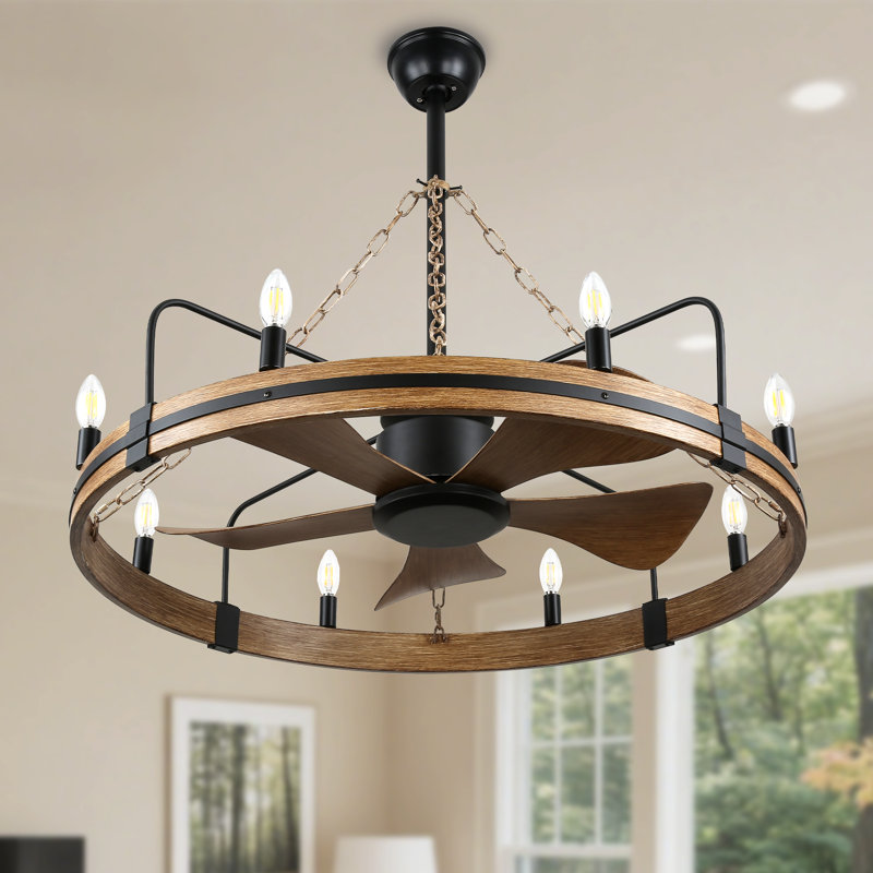 36" Rustic Wagon Wheel Ceiling Fan with Light and Remote Control 8-Light 6-speed Reversible Timer DC Motor Fan for Living Room Bedroom  