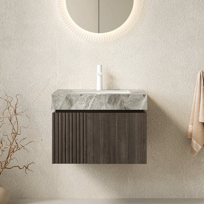 Meuble-lavabo 24 po, armoire de rangement en contreplaqué flottant avec 2 portes, comptoir en pierre frittée gris clair et lavabo en céramique avec 1 trou de robinet pré-percé, pré-assemblé, couleur grain de bois espresso