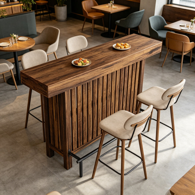 Table de bar moderne à 2 niveaux, unité de bar avec repose-pieds confortable, Brun rustique