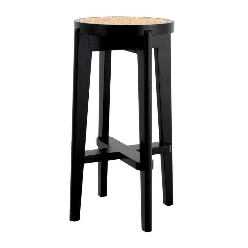 Black Solid Wood Counter Stool with Rattan Cane Seat