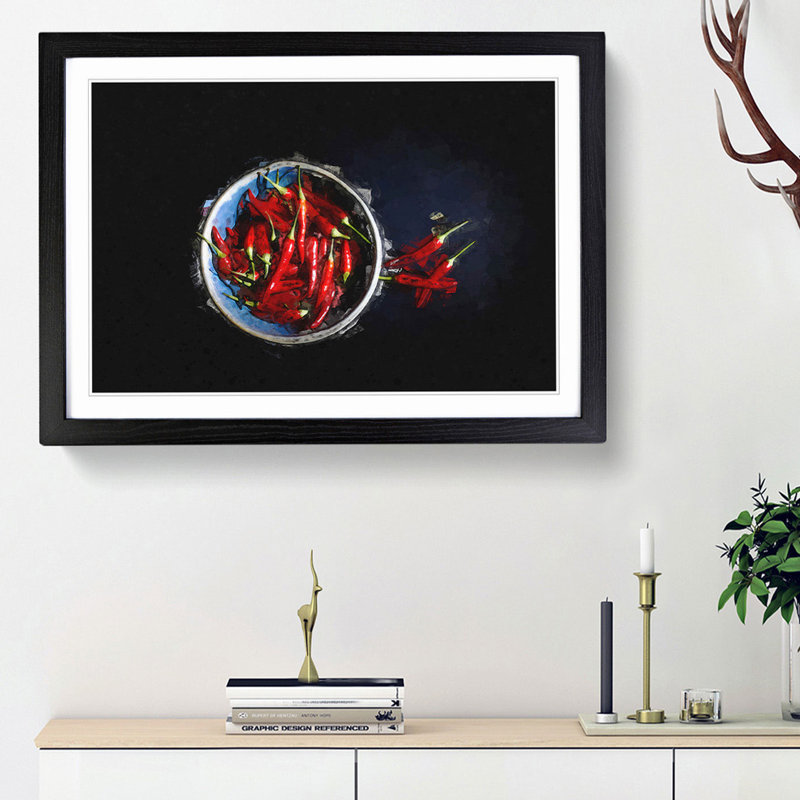Red Chilli's in a Bowl in Abstract - Picture Frame Graphic Art Print, 27cm H x 36cm W x 2cm D, Black Framed