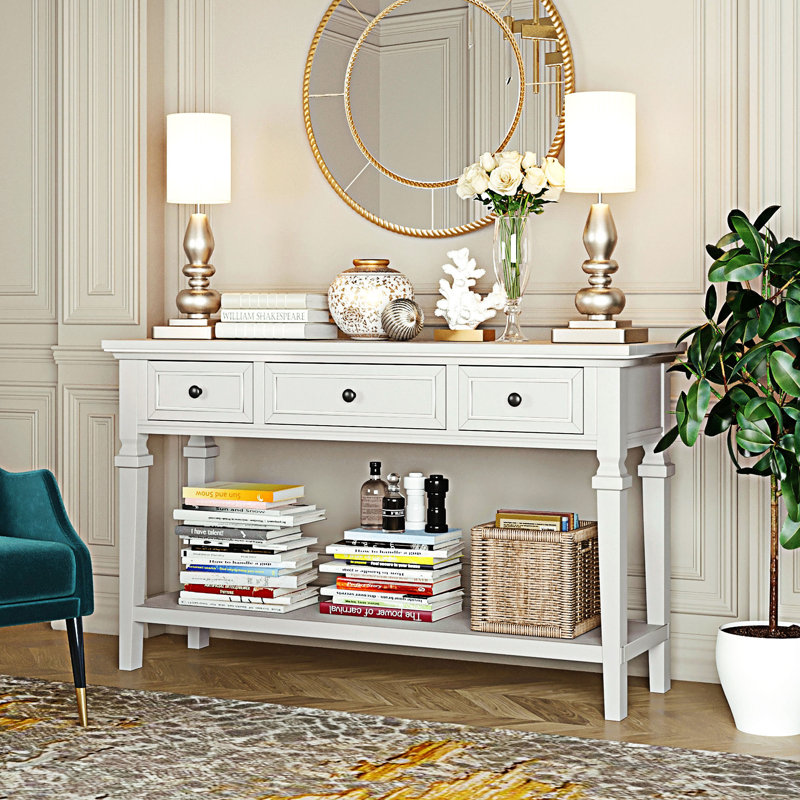 Console avec tiroirs et tablette inférieure ouverte, Blanc antique