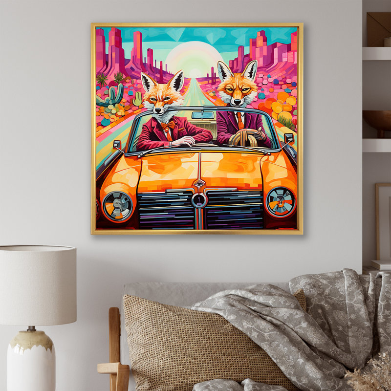 Art mural, renard aventureux au volant II, H 36 po x l 36 po x P 1,5 po, Cadre flottant doré