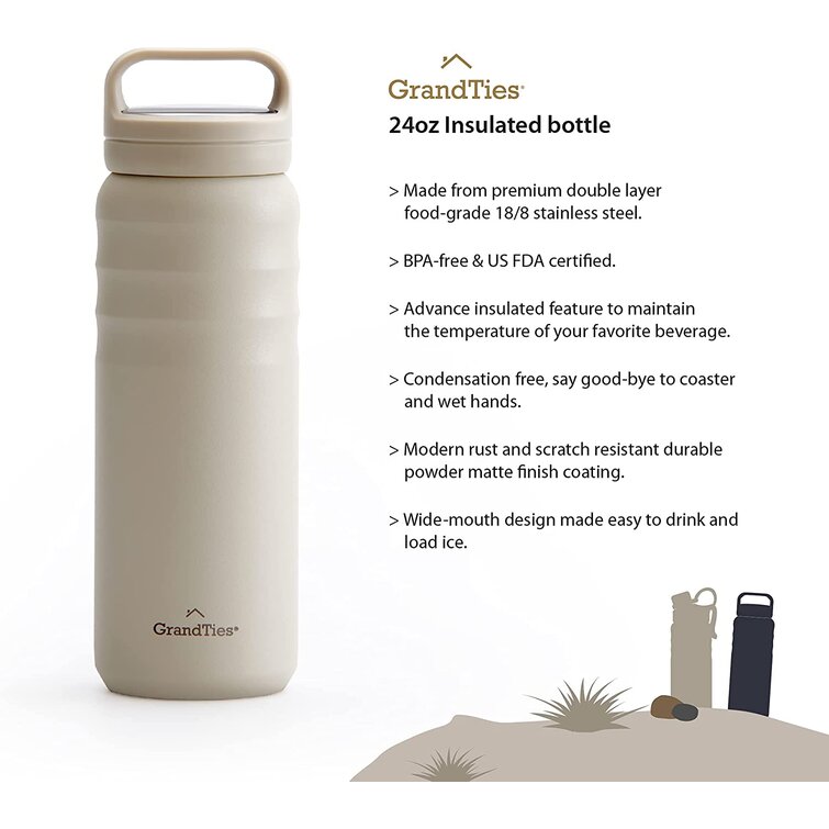 GrandTies 32 oz. Ivory White Travel Water Bottle - Wide Mouth Vacuum Insulated Water Bottle with 2-Style Lids