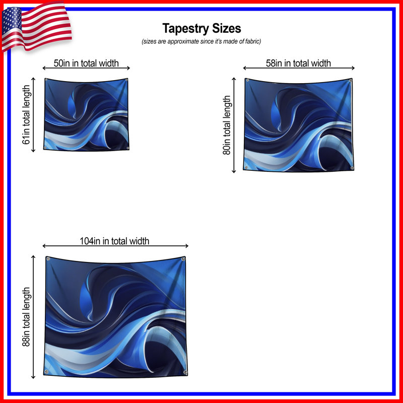 Tapisserie murale «Blue Abstract Waves» - Décoration murale abstraite, 68in H x80in W with 4 Grommets