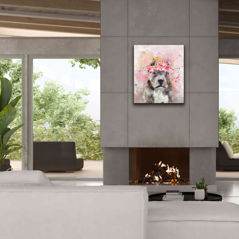 «Flower Crown Pit Bull» par Furbaby Affiliates, art mural sur toile, H 30 po x l 26 po x P 1,5 po