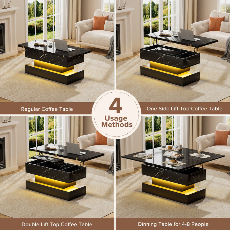 Lift‑Top Coffee Table with RGB LED & Charging Ports, Black