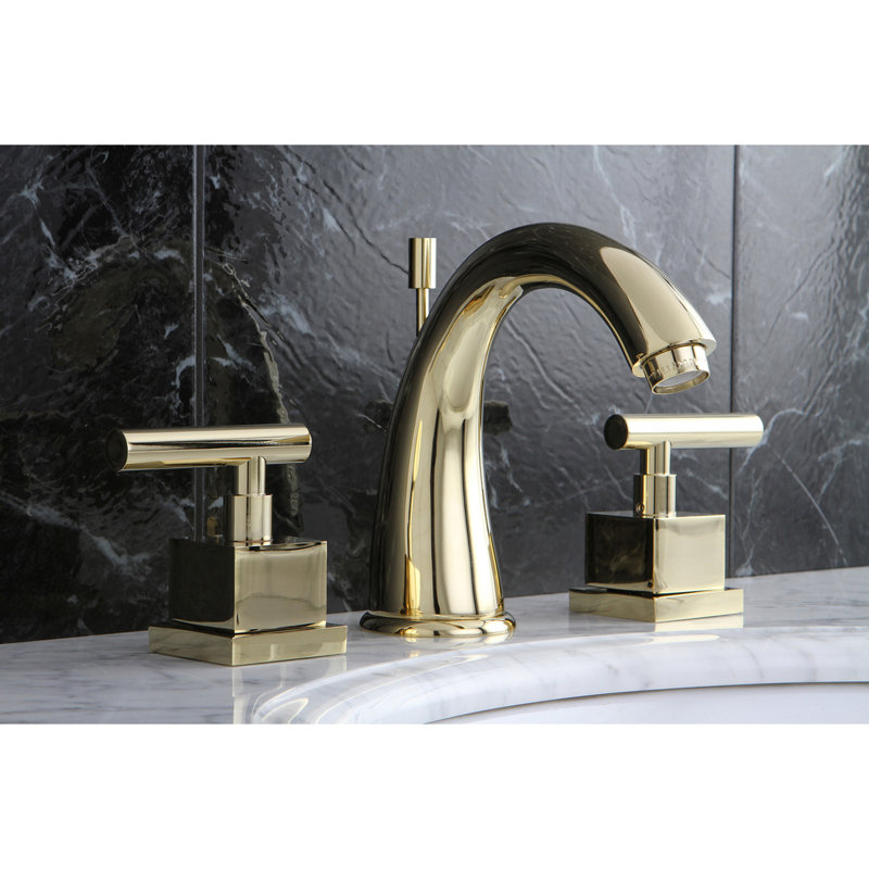 Kingston Brass Claremont Two-Handle 3-Hole Deck Mount Widespread Bathroom Faucet with Brass Pop-Up Drain, Polished Brass