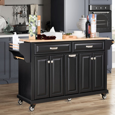Kitchen Island with Rubber Wood Countertop, Spacious Storage, and 5-Wheel Mobility for Enhanced Functionality and Convenience in Dining Areas.