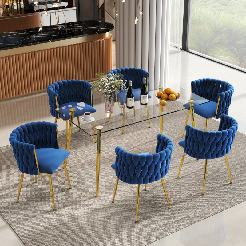 Modern Rectangular Dining Set with Upholstery Dining Chair, 7 Pieces: Table, 6 Chairs, Blue/Goldwsazzzzazsz, Gold