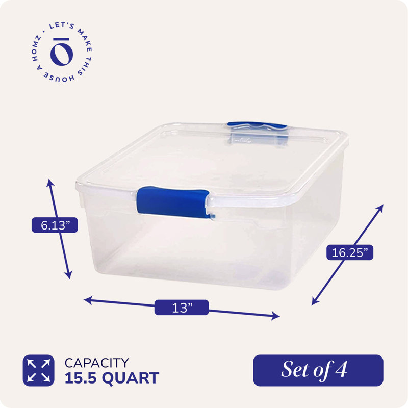 Homz Multipurpose Stackable Storage Bin with Latching Lids, Clear, 6.125" H x 16.25" W x 13" D