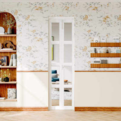 Bi-Fold Doors: 4-Lite Mirrored White Folding Doors, Manufactured Wood, With Lock, Handle & Hardware Kit