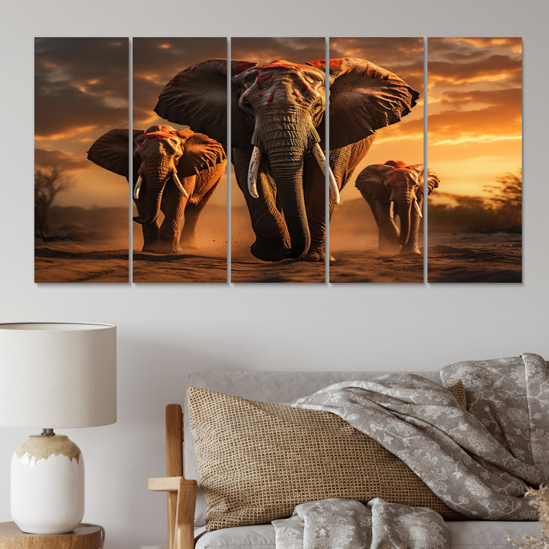 Photographie d'un éléphant d'Afrique au coucher du soleil I sur toile, 5 pièces