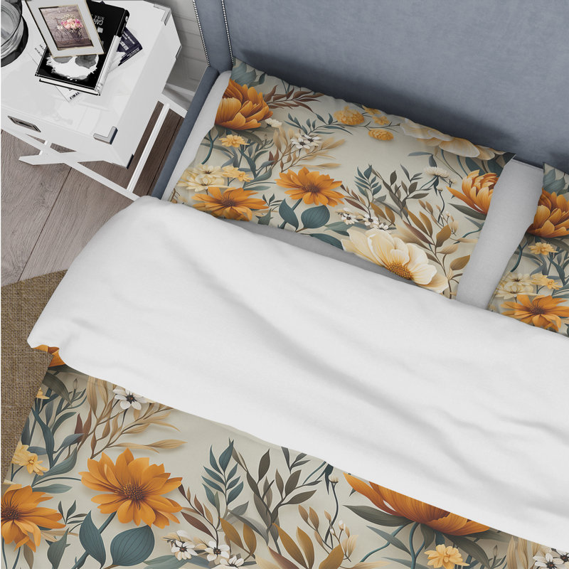 Literie harmonie botanique naturelle orange et verte, Housse de couette simple + 1 taie décorative stan