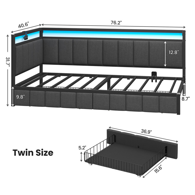Corner Bed Frame With Led Light And Charging Station, Line Fabric Upholstered Bed With 2 Underbed Storage Drawers, Modern Daybed No Box Spring Needed/noise-free, Gray