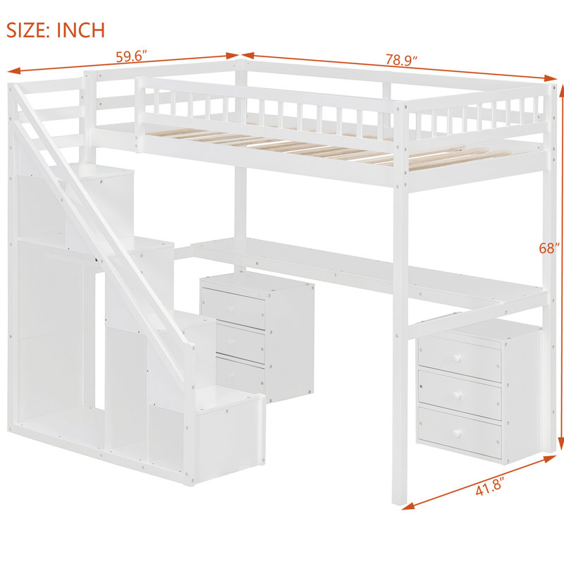 Lit mezzanine simple blanc avec deux tiroirs, bureau polyvalent et ambiance créant un support à DEL qui change de couleur en continu pour créer une atmosphère d'étude décontractée