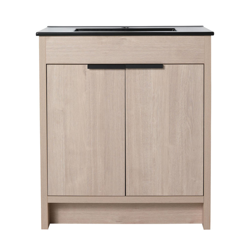 Meuble-lavabo de salle de bain avec lavabo en céramique, 30", Noir, Chêne clair uni
