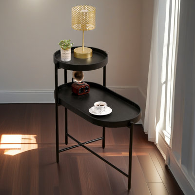 2-Tier Black Side Table With Storage Sofa Table For Living Room Metal Frame & Wooden Desk End Table