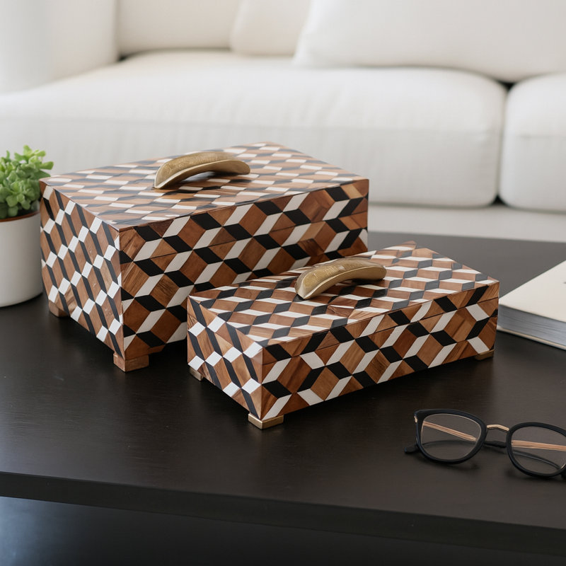 Latiara Modern Decorative Boxes with Lid for Storage - Decorative Boxes for Living Room, Bedroom, or Office - Stylish GEO Print Keepsake and Statement Organizer Boxes - Set of 2, 14", Black & Brown