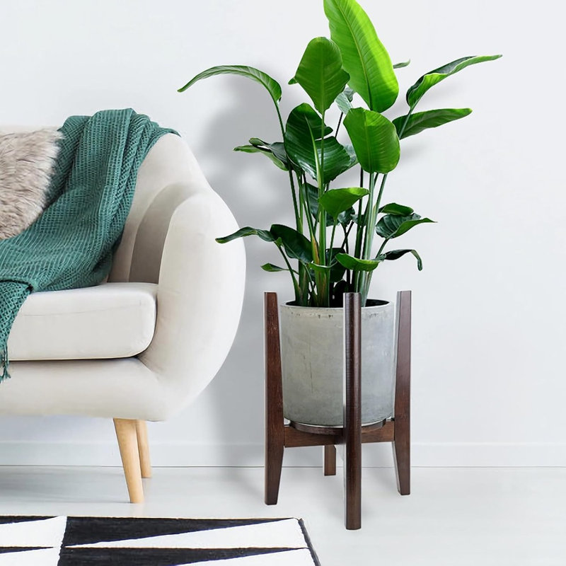 Support pour plantes en bois ajustable avec soucoupe – Porte-pot de fleurs de style moderne du milieu du siècle