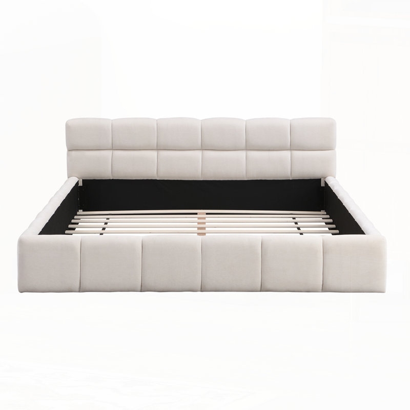 Grand lit tapissier élégant avec motif damier, Beige, Grand lit