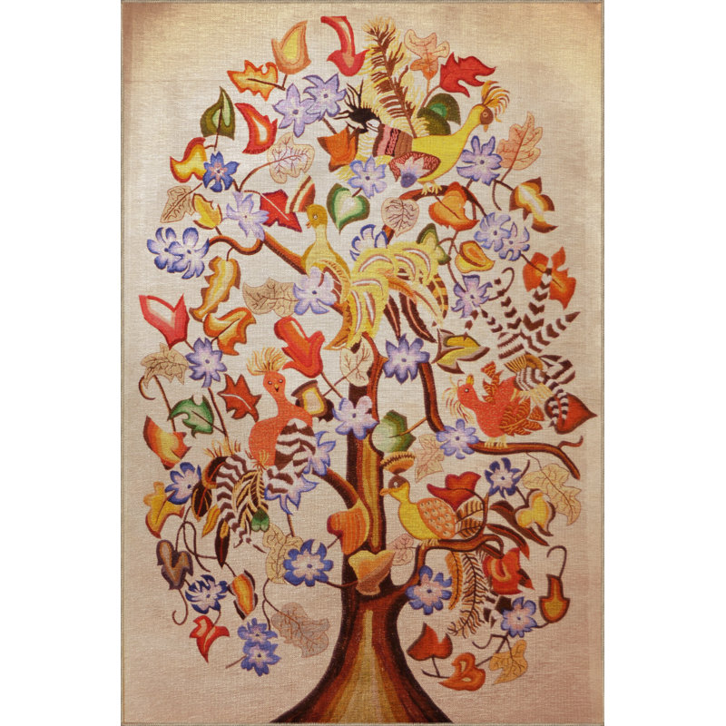 Tapis décoratif beige à motif d'arbre et de fleurs, Rectangle 4 pi 7,12 po x 6 pi 6,74 po
