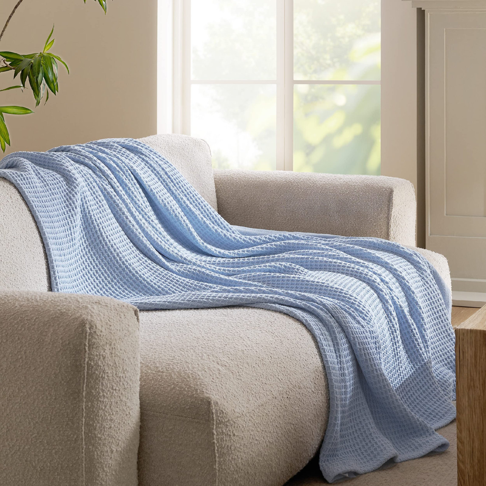 Bedsure Cotton Waffle Weave Throw Blanket, King, Sky Blue
