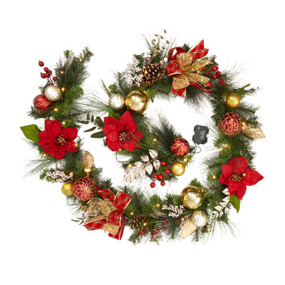 Guirlande de Noël lumineuse de 2,74 m (9 pi) avec 40 lumières DEL à piles et minuterie - Pommes de pin et verdure - Décoration intérieure/extérieure pour foyer, rampe d'escalier - Couleur : rouge/or ou argenté