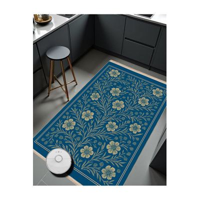 Tapis jaune tissé à motif floral lavable Mosso