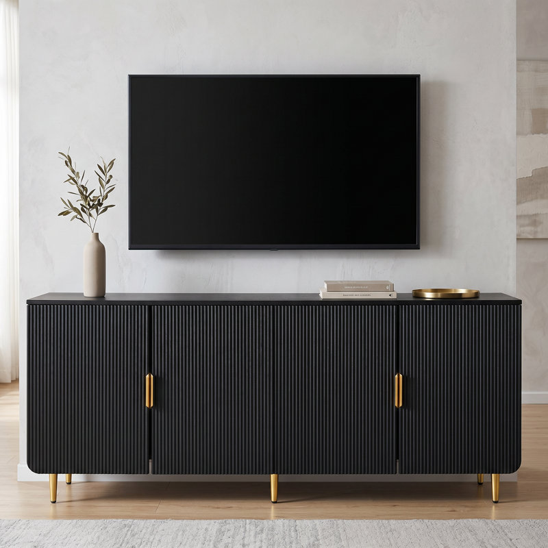 67" Black Fluted TV Stand with Gold Accents, Luxury Modern Entertainment Center with Storage for TVs up to 75", Black/Gold