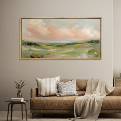 Pastel Abstract Meadow Landscape With Blush Clouds And Green Hills Wall Decor - Large Framed Canvas Master Bedroom Wall Art Print